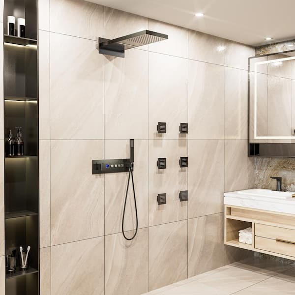 Luxury 4-Spray 2.5 GPM 14.2 in. Wall Mount Dual Shower Heads with 6-Jet Digital Temperature Display in Matte Black