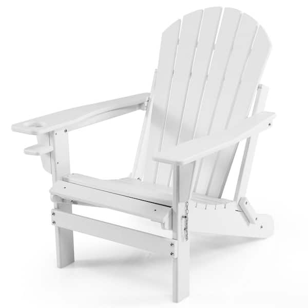 Costway White Patio Folding Plastic Adirondack Chair HDPE All-Weather Pull-Out Ottoman