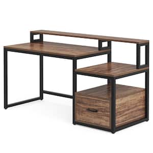 Matt 59 in. Rectangular Black Metal Brown Particle Board Wood 1 File Drawer Computer Desk with Monitor Stand and Shelf