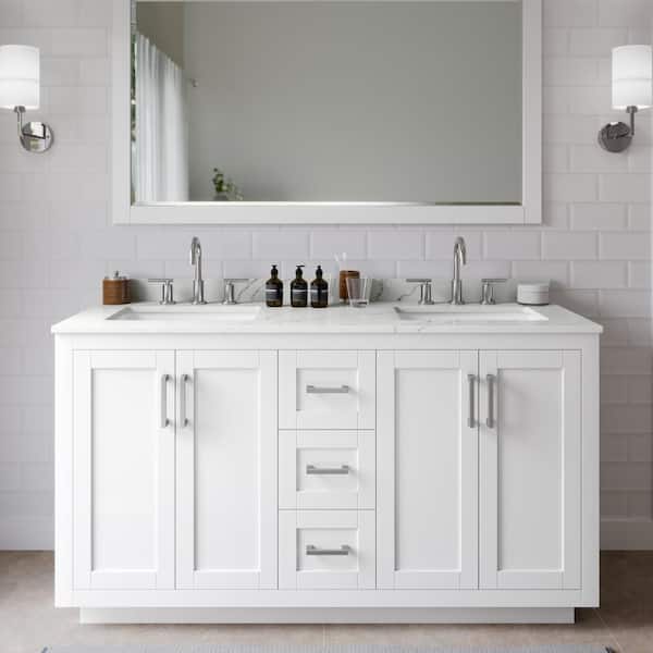 Wyndham Collection Miranda 60 in. W x 22 in. D x 33.75 in. H Double Bath Vanity in White with Giotto Quartz Top and 58 in. Mirror