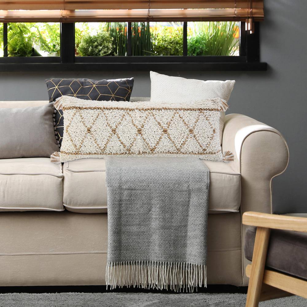 Ivory and Tan Boho-Chic Diamond Jute and Cotton Lumbar Throw Pillow