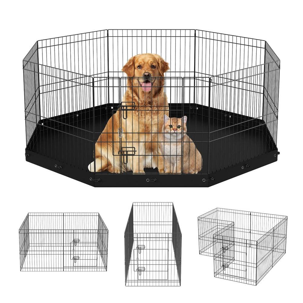 VEVOR Dog Playpen 8 Panels Foldable Metal Dog Exercise Pen with Bottom Pad 24 in. H Pet Fence Puppy Crate Kennel