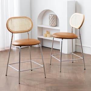 Rattan Counter Height Bar Stools With Faux Leather Seat (set of 2)