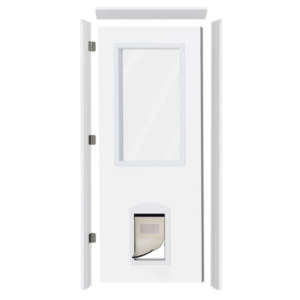 30 in. x 80 in. Right-Hand 1 Lite Clear Glass Entry Door Slab with Pet Door, Door Header, and Legs, Pre-installed Hinge