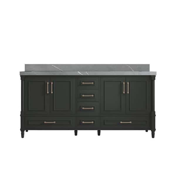 Willow Collections Hudson 72 in. Double Sink Freestanding Black Top Bath Vanity with Piatra Gray Qt. Top Unassembled