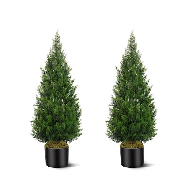 Olivivi 2-Pieces Green Trees 3 ft. Artificial Topiary Cedar Trees With Black Pot Faux Pine Shrub Plant for Home Yard