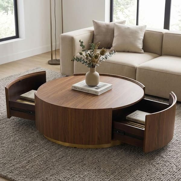 Dulce 39.37 in. Walnut Brown Round Wood Coffee Table with 2 Hidden Storage Drawers
