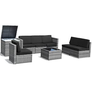 8-Piece Wicker Outdoor Sectional Set with Black Cushions