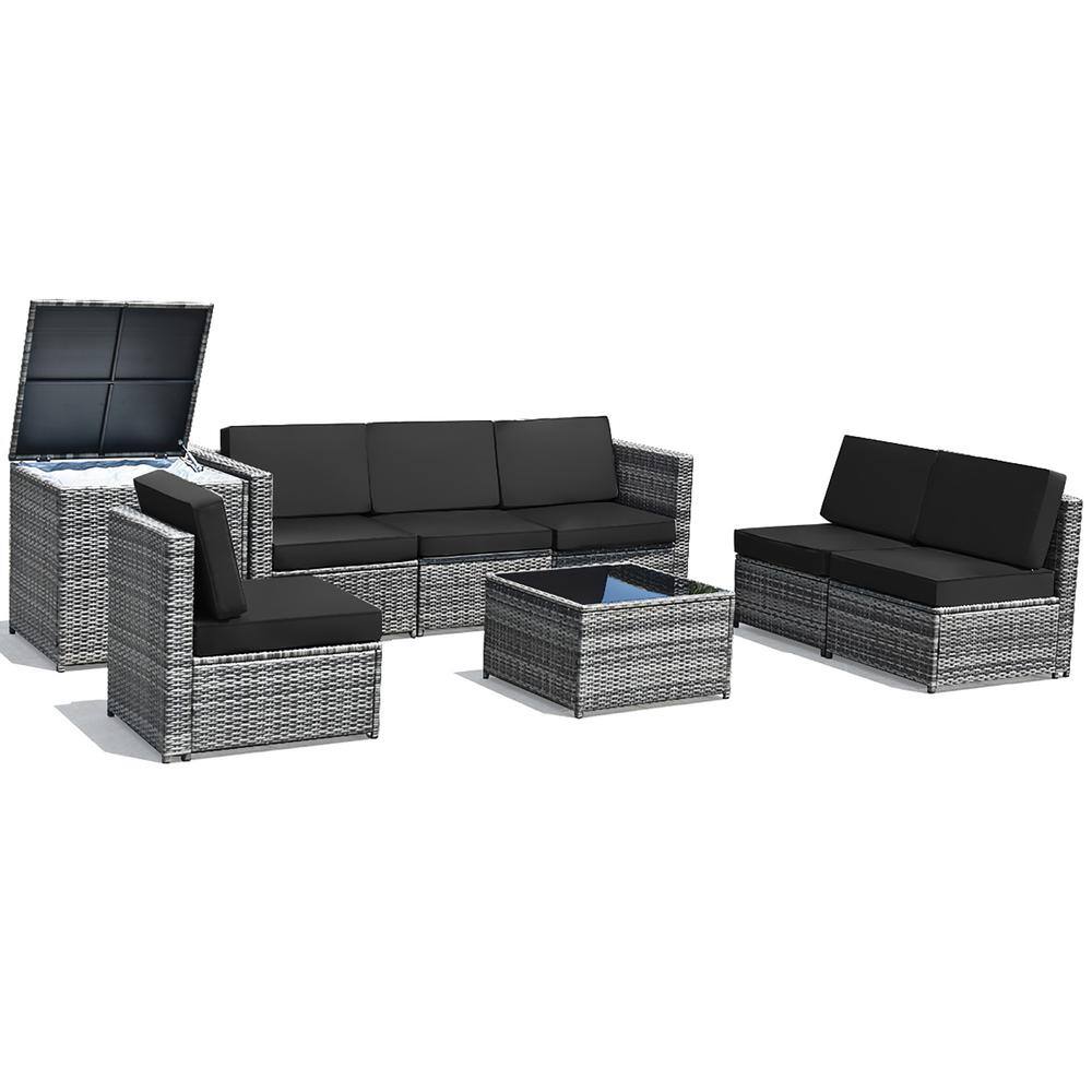 6-Piece Black Wicker Rattan Outdoor Sofa Set with Storage Table