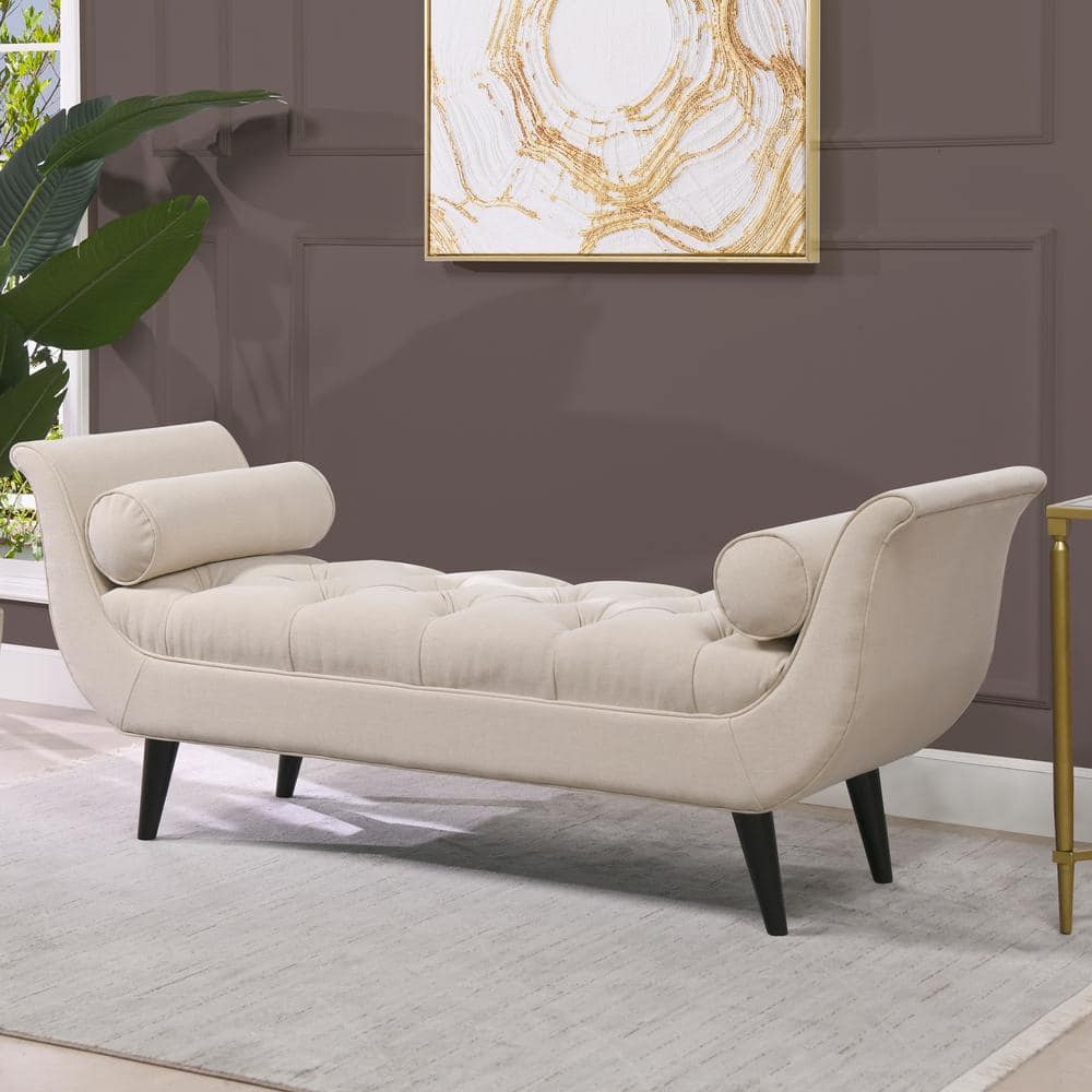 Alma Sky Neutral Tufted Flare Arm Pine Wood Entryway Bench