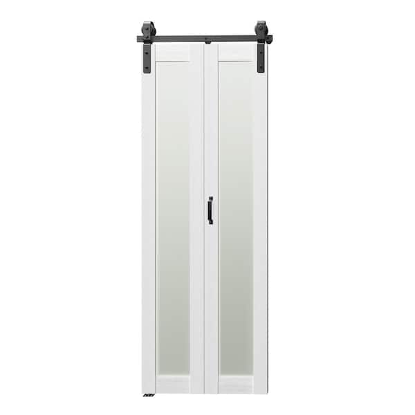 TENONER 30 in. x 84 in. (15 in. W x 2) White, Tempered Frosted Glass, MDF, Bi-Fold, Full Lite Sliding Barn Door w/ Hardware Kit