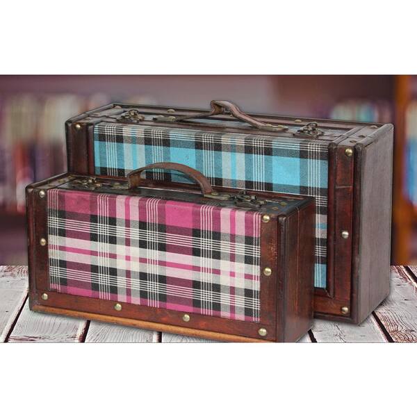 Vintiquewise 13 5/8 in. W x 7.5 in. D x 4 3/8 in. H Wood and Faux Leather Tartan Blue and Pink Plaid Suitcase Set of 2 sizes