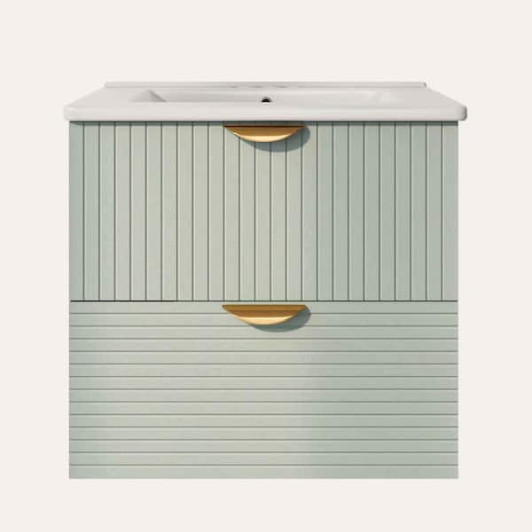 Polibi 24 in. W Single Sink Floating Bath Vanity in Green with White Ceramic Top, 2 Drawers
