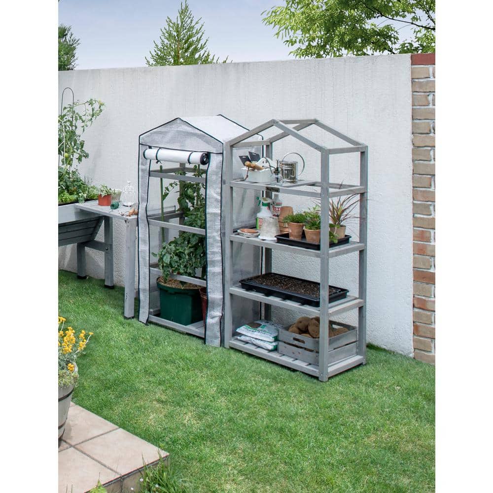 Compact 2'x5' Gray Wooden Mini Greenhouse with Adjustable Shelves