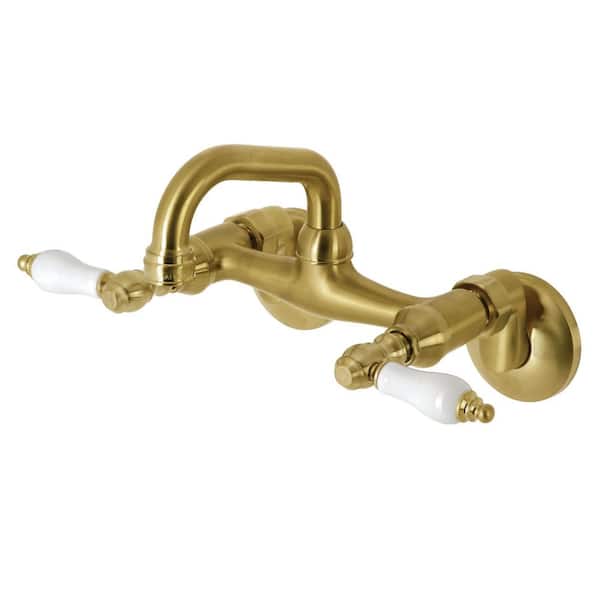 Kingston Double Handle Wall Mount Bar Faucet in Brushed Brass