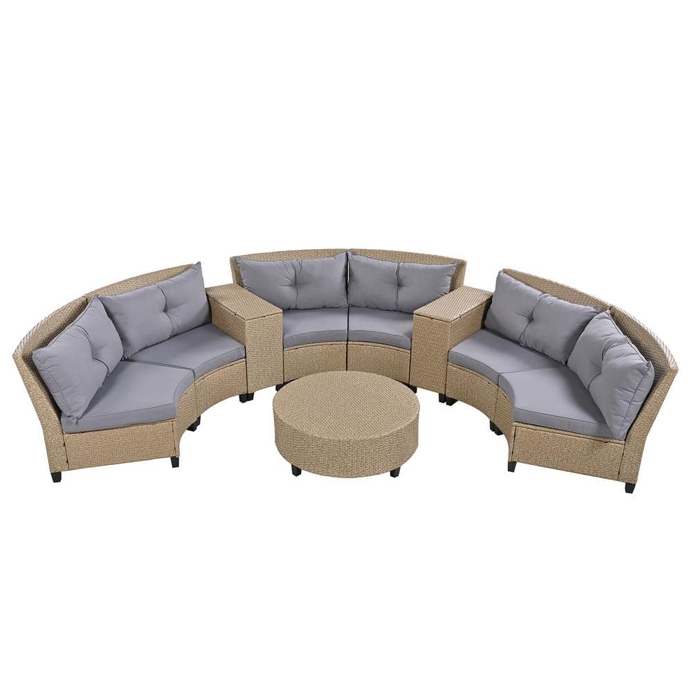 Brown 7-Piece Wicker Outdoor Sectional Set Patio Furniture Set with Gray Cu