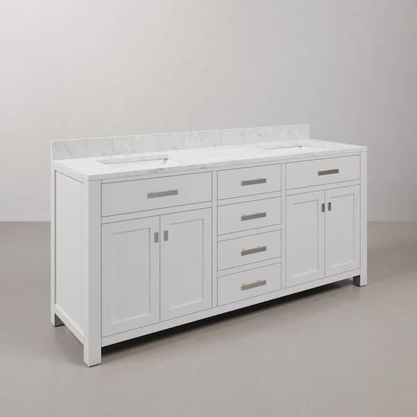 Madison 72 in. W x 21.5 in. D x 34 in. H Double Sink Bath Vanity in Pure White with Carrara White Marble Top and Mirror