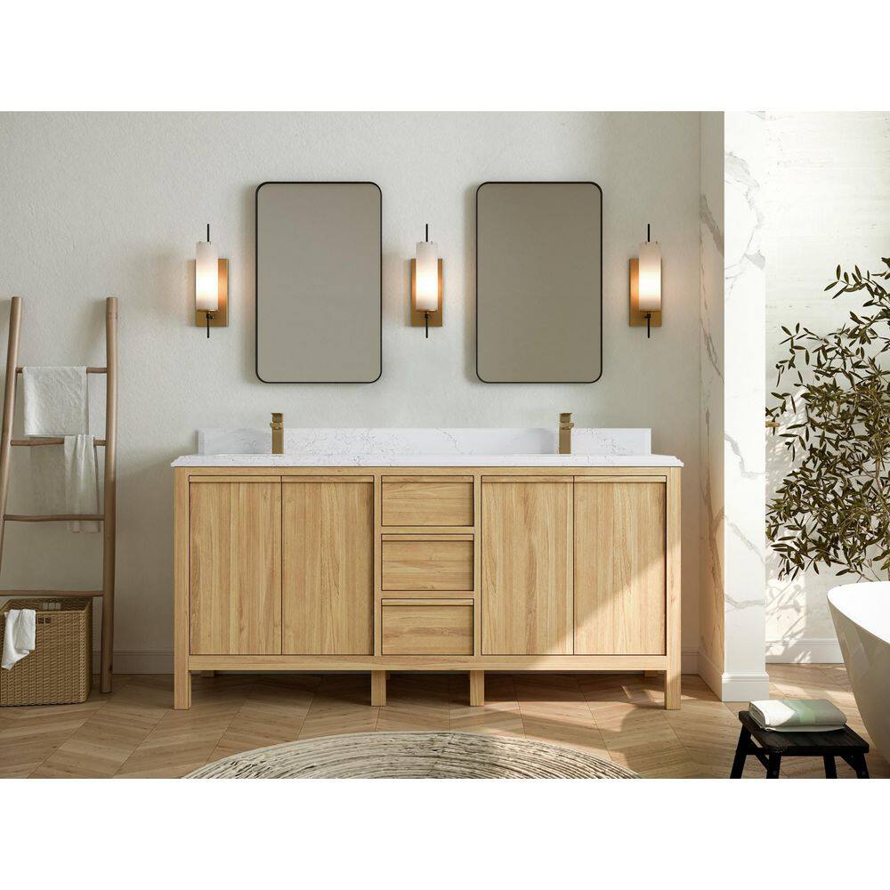 72'' Light Natural Teak Double Sink Bathroom Vanity with Quartz Top