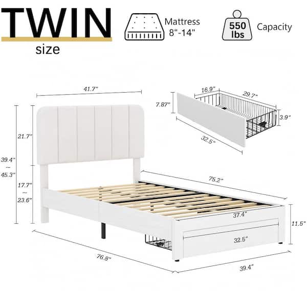 Platform Storage Bed White Metal Frame Twin Platform Bed with Velvet Upholstered Headboard & 1 Drawer