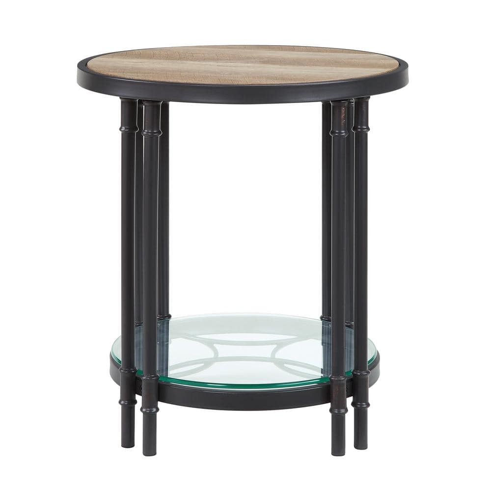 Modern Farmhouse Round Oak & Sandy Black End Table with Glass Shelf