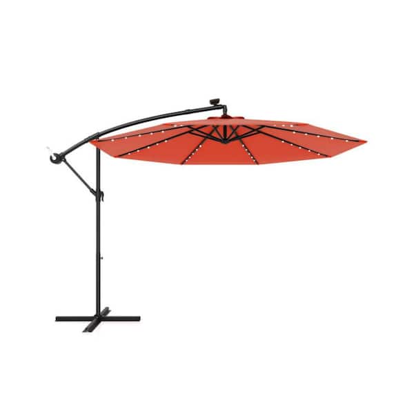 10 ft. Solar LED Lighted Cantilever Patio Umbrella in Orange with Tilt and Crank for Outdoor Garden Poolside Shade