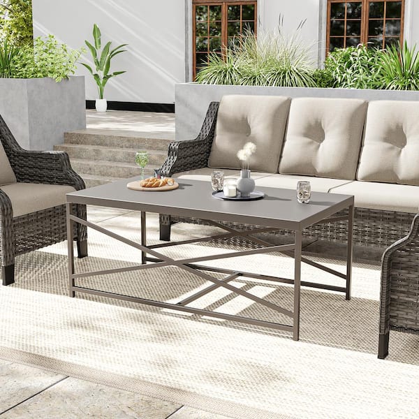 Outdoor Coffee Table Patio Side Table with Brown Steel Frame