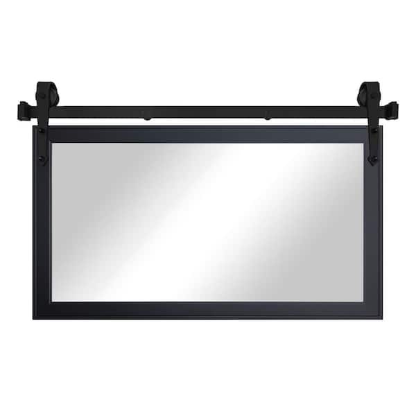 (66 in. W x 33 in. H) Gallery Black Modern Rustic Mirror with Steel Barn Door Rail