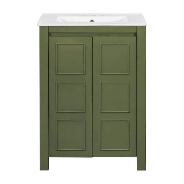 24 in. Freestanding Olive Green Bath Vanity with White Ceramic Top Unassembled