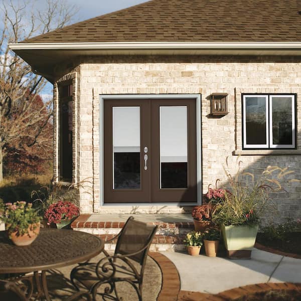 72 in. x 80 in. Dark Brown Left-Hand/Inswing Steel French Patio Door w/ 1-Lite Low-E Glass, Mini Blind, Rot Resist Jamb