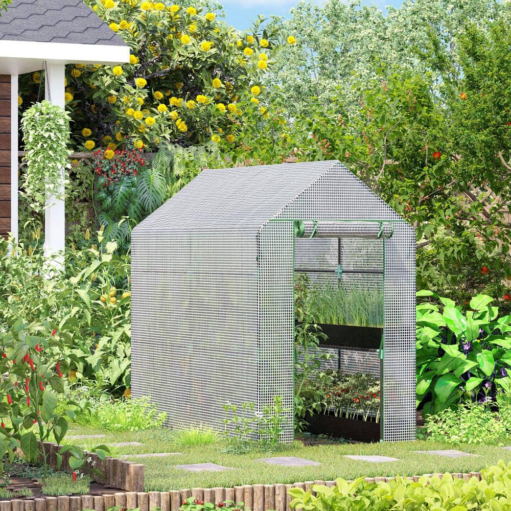 White Steel Walk-In Greenhouse with Shelves and Roll-Up Door