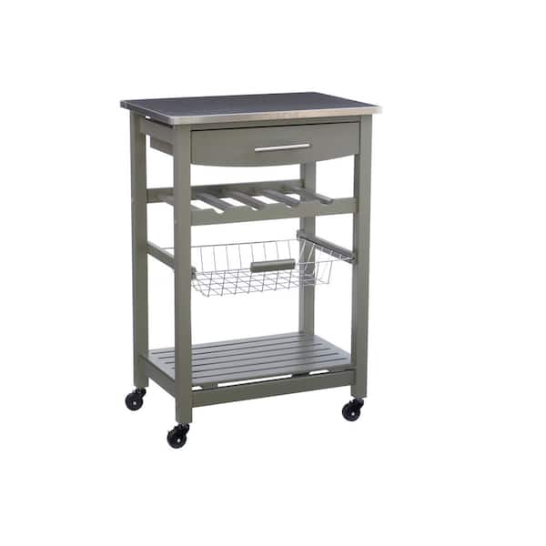 Linon Home Decor Todd Gray Kitchen Cart with Stainless Steel Top and Storage