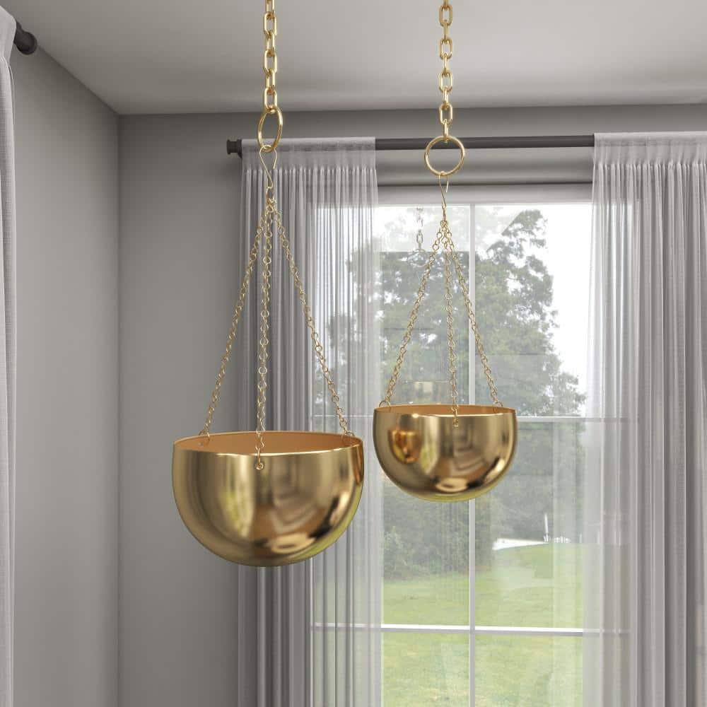 Set of 2 Gold Metal Hanging Planters with Chains