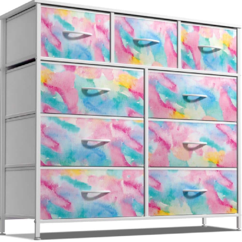 Dresser with Steel Frame, Wood Top and Easy Pull Fabric Bins, Multicolored 9-Drawer 39.5 in. Wide Dresser without Mirror