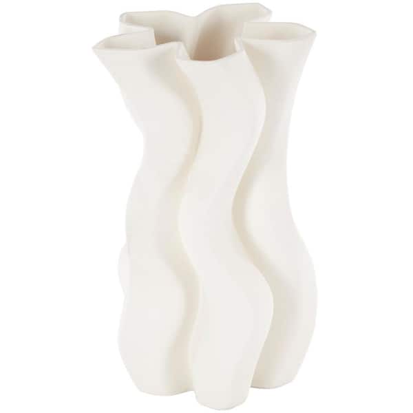 Litton Lane White Ribbed Dimensional Wavy Ceramic Abstract Decorative Vase with Floral Shaped Rim