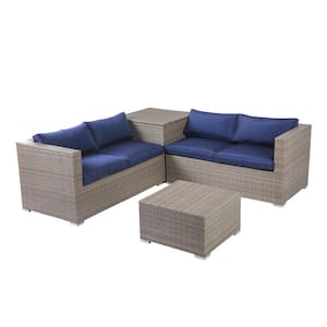 4-Piece Wicker Patio Deep Seating Set with Blue Cushion