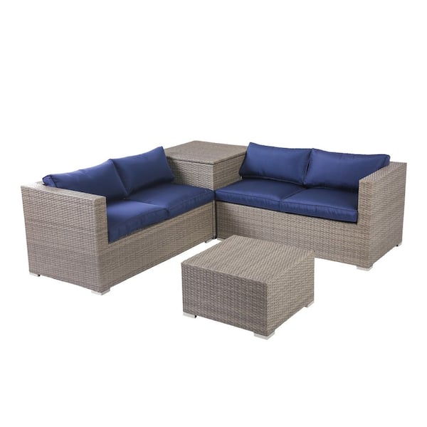 Patio Festival 4-Piece Wicker Patio Deep Seating Set with Blue Cushion