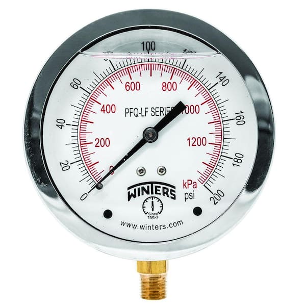 Winters Instruments PFQ-LF 4 in. Lead-Free Brass Stainless Steel Liquid Filled Pressure Gauge with 1/4 in. NPT BTM and 0-200 psi/kPa