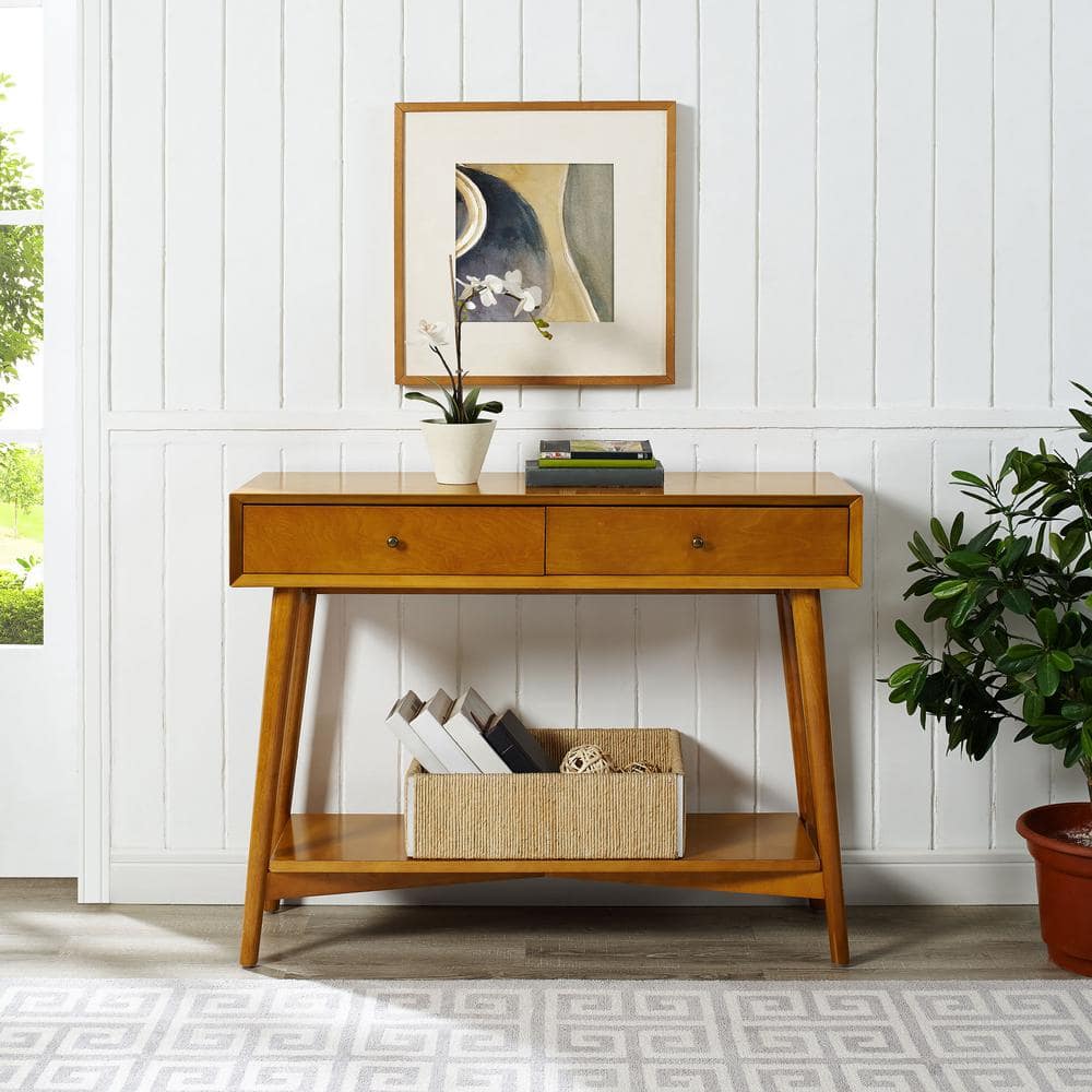 Mid-Century Acorn Brown Wood Console Table with Storage