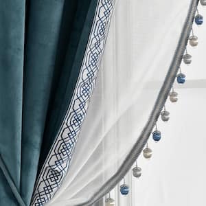 Luxury Vintage 42 in. W x 84 in. L Velvet and Sheer With Border Pompom Trim Window Curtain Panel in Blue Single