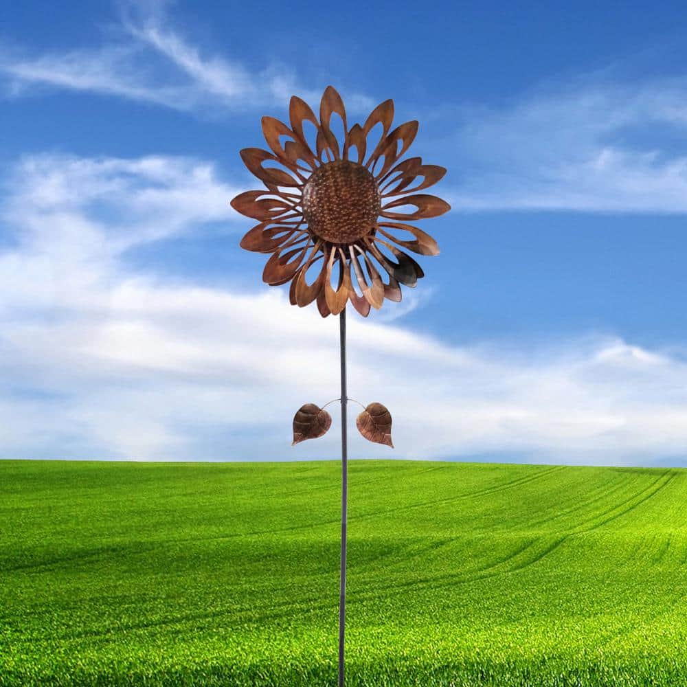 Bronze Sunflower Iron Garden Wind Spinner Stake, 85" Tall