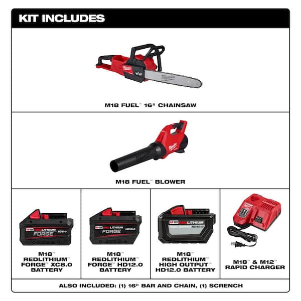 Milwaukee M18 Fuel 16 in. 18-Volt Brushless Cordless Electric Battery Powered Chainsaw Blower and (3) Battery Combo Kit 2-Tool