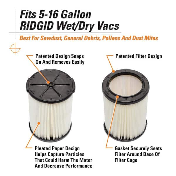 Genuine General Debris Pleated Shop Vacuum Filter Replacement for Most 5-16 Gal. RIDGID Wet Dry Vacs (2-Pack) VF4200