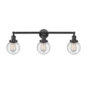 Beacon 30 in. 3-Light Matte Black Vanity Light with Seedy Glass Shade