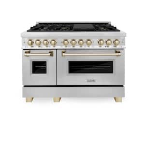 Autograph Edition 48 in. 7 Burner Double Oven Dual Fuel Range in Stainless Steel and Polished Gold