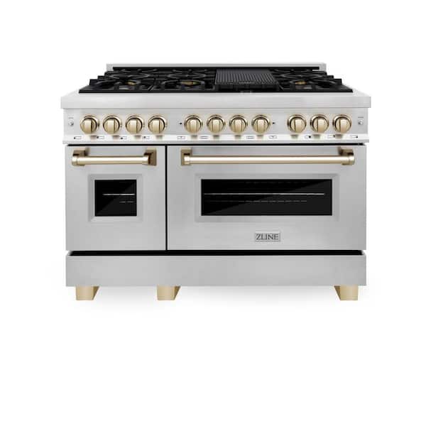 ZLINE Kitchen and Bath Autograph Edition 48 in. 7 Burner Double Oven Dual Fuel Range in Stainless Steel and Polished Gold