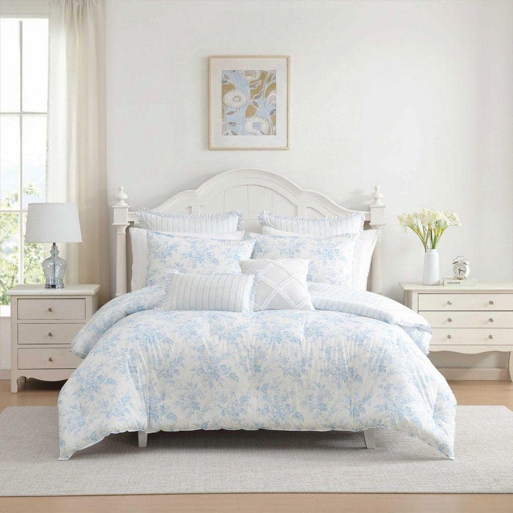 LAURA ASHLEY フラワーコンフォータケース ダブル用 Laura Ashley Annalise Floral 5-Piece Light Blue Cotton Twin