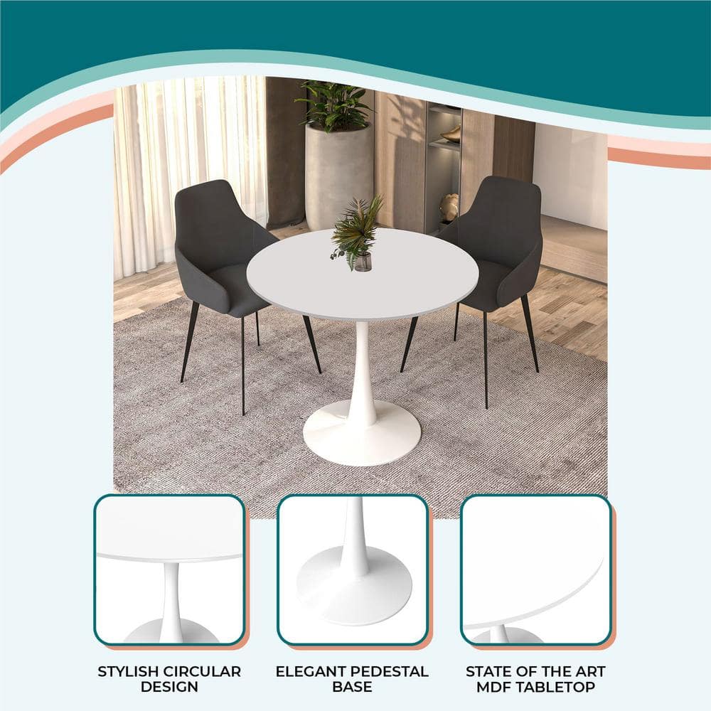 White Mid-Century Modern Round Dining Table with Wood Top