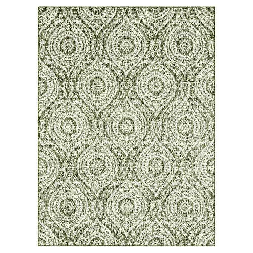 Olive and Ivory Moroccan Damask Indoor/Outdoor Rug