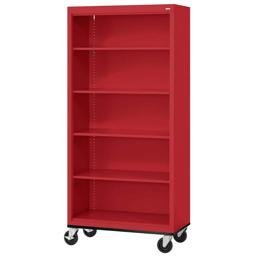 Red Steel Mobile Bookcase with Adjustable Shelves, 78" Height
