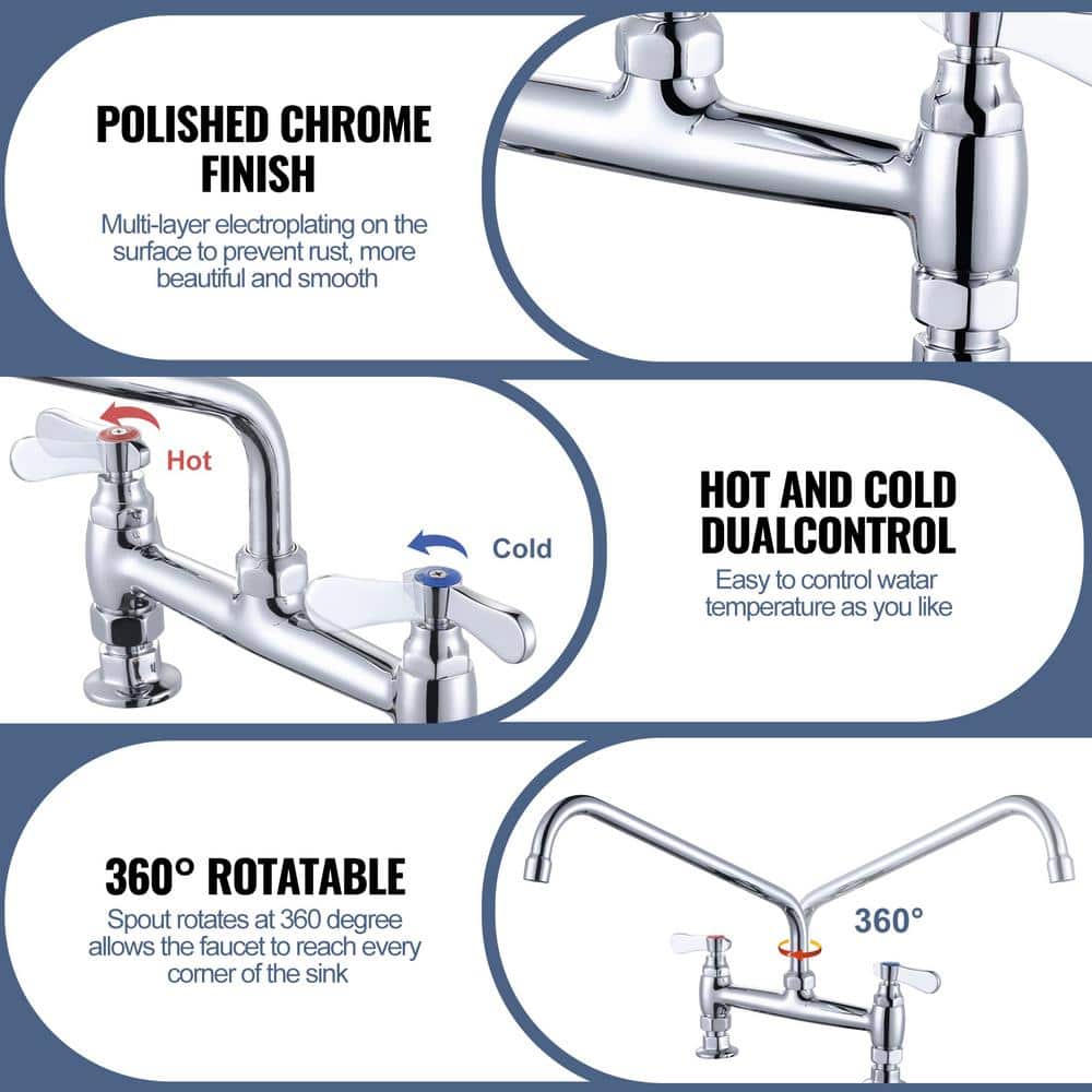 14" Chrome Double Handle Deck Mounted Kitchen Faucet with Swivel Spout